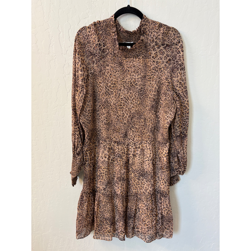 ML Monique Lhuillier Leopard Print‎ Dress Smocked Long Sleeve Mini Sz 10
